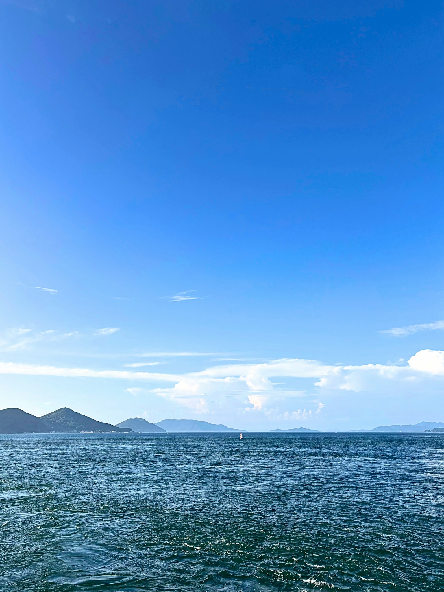 Scenic view of a blue sky and calm sea with distant islands