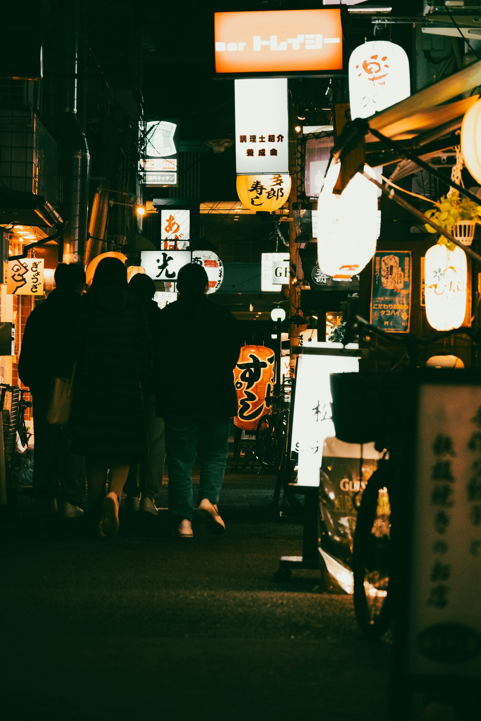提灯と看板が並ぶ夜の路地の商店街