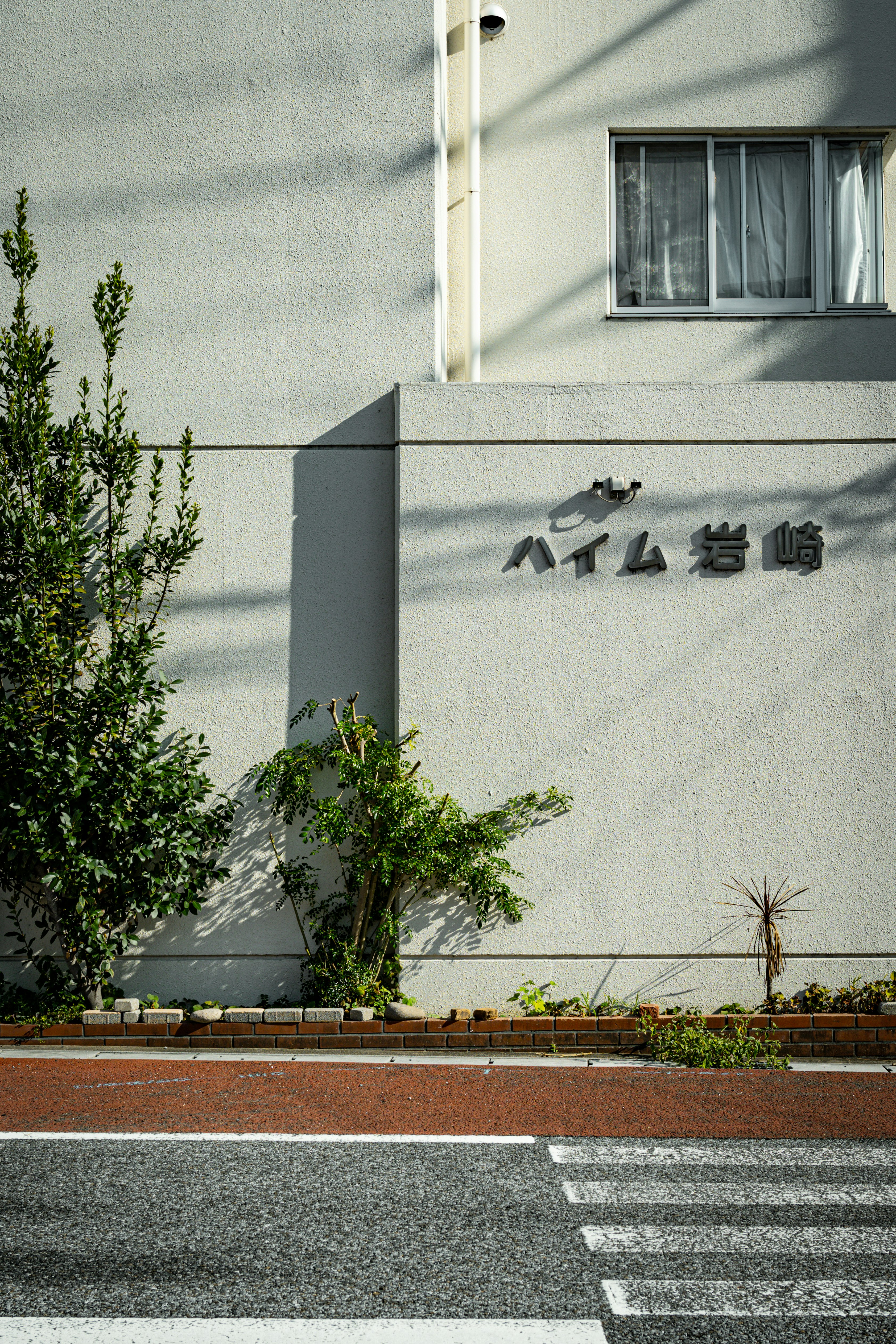 白い外壁に「ハイイ岩崎」の看板がある建物の入口