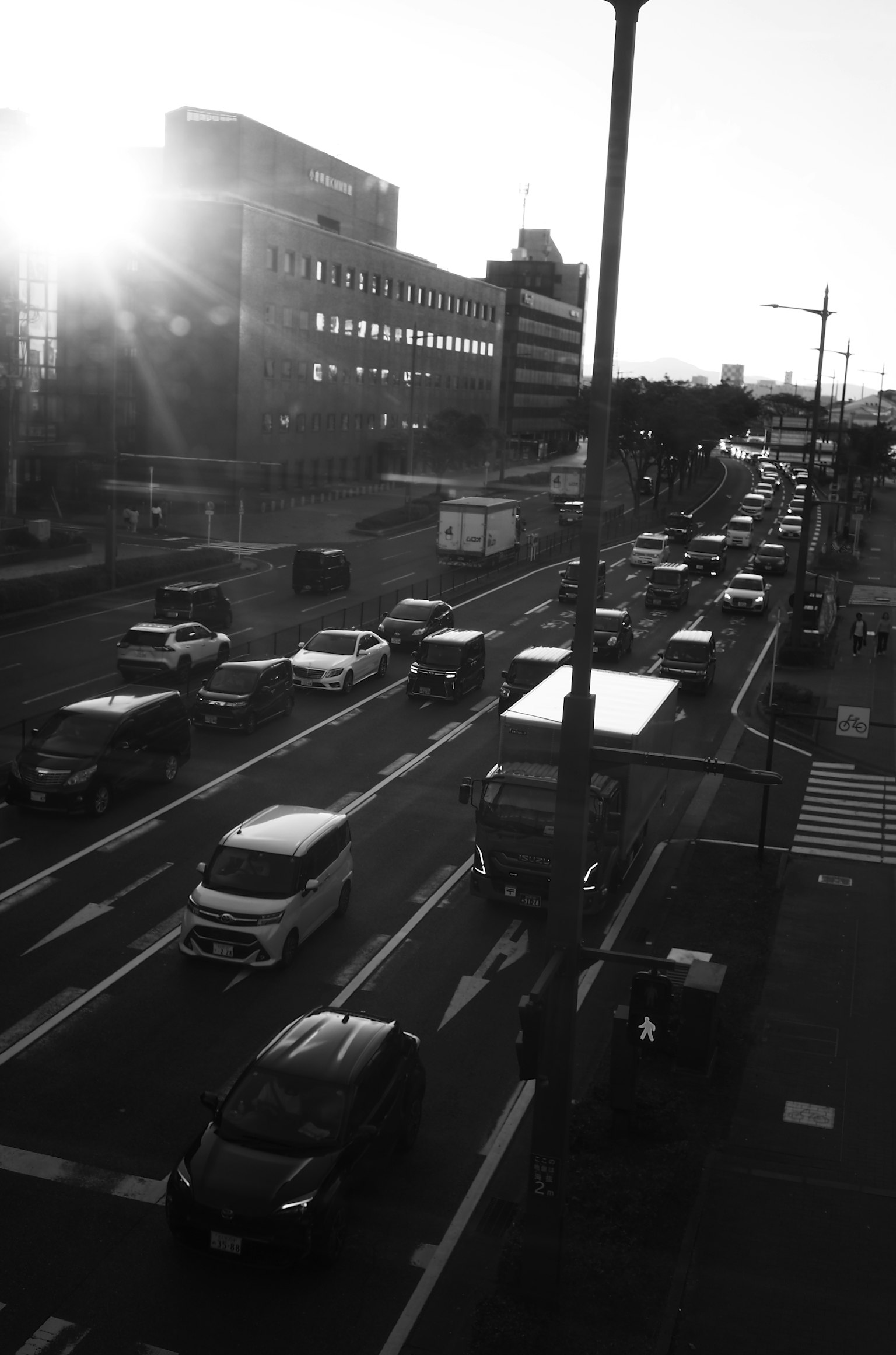 Stadtszene mit Verkehr in Schwarzweiß Sonnenuntergangslicht, das sich auf der Straße spiegelt Fahrzeuge in Bewegung