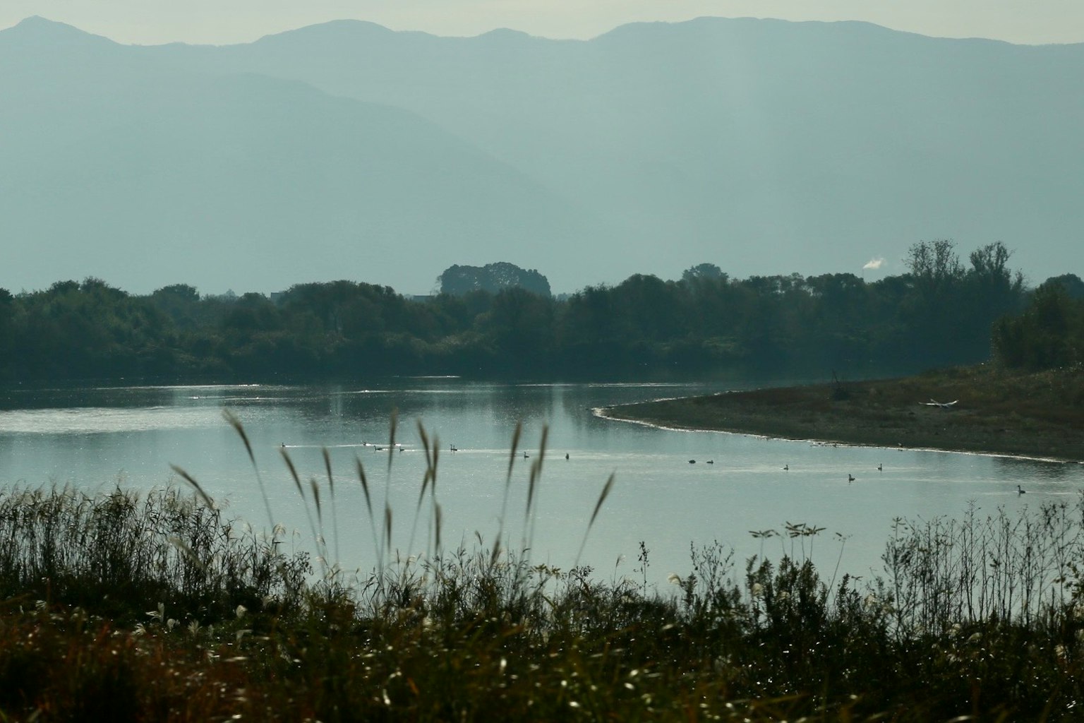 Serene river landscape with distant mountains and soft light