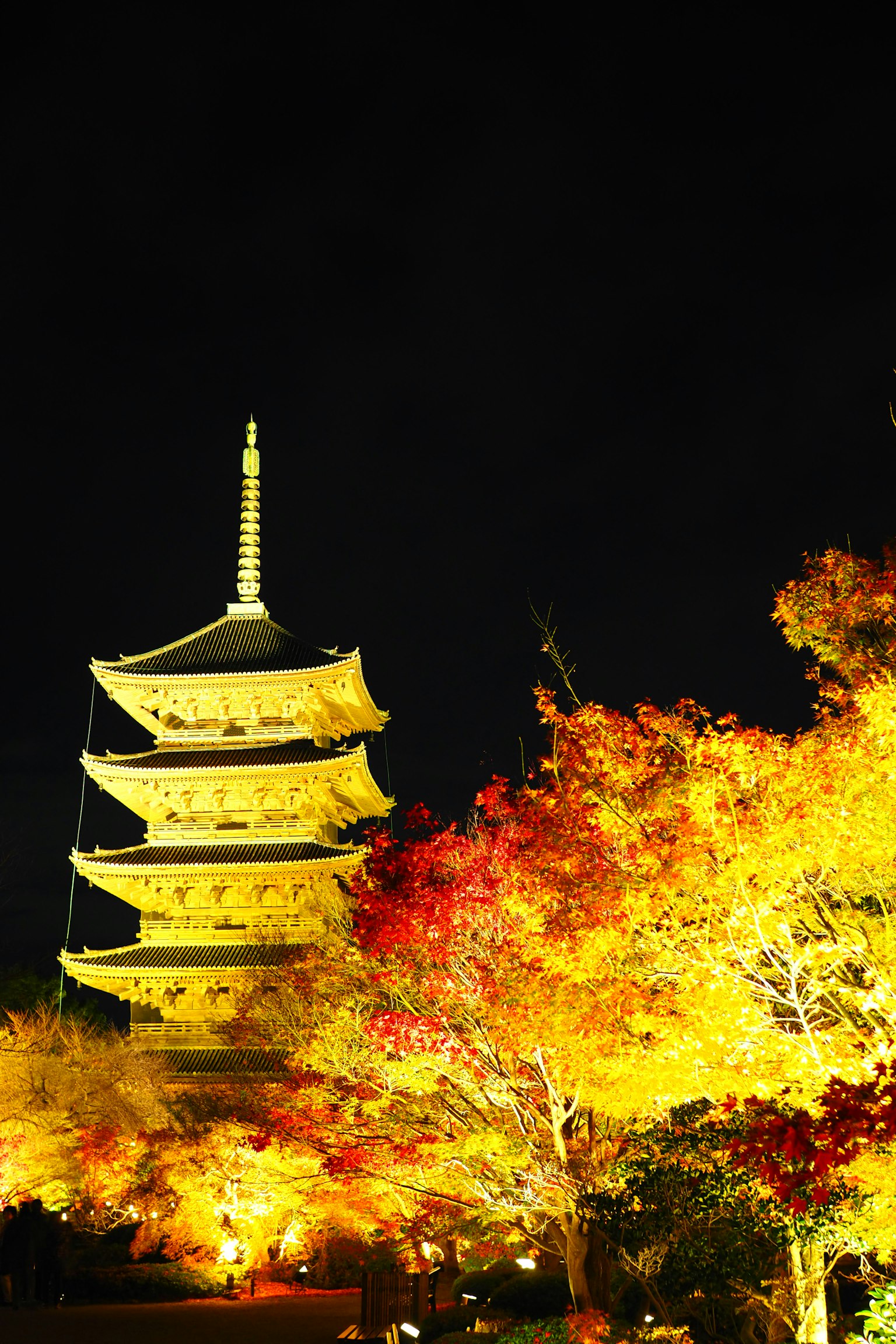 Pagoda illuminata di notte circondata da foglie autunnali vivaci