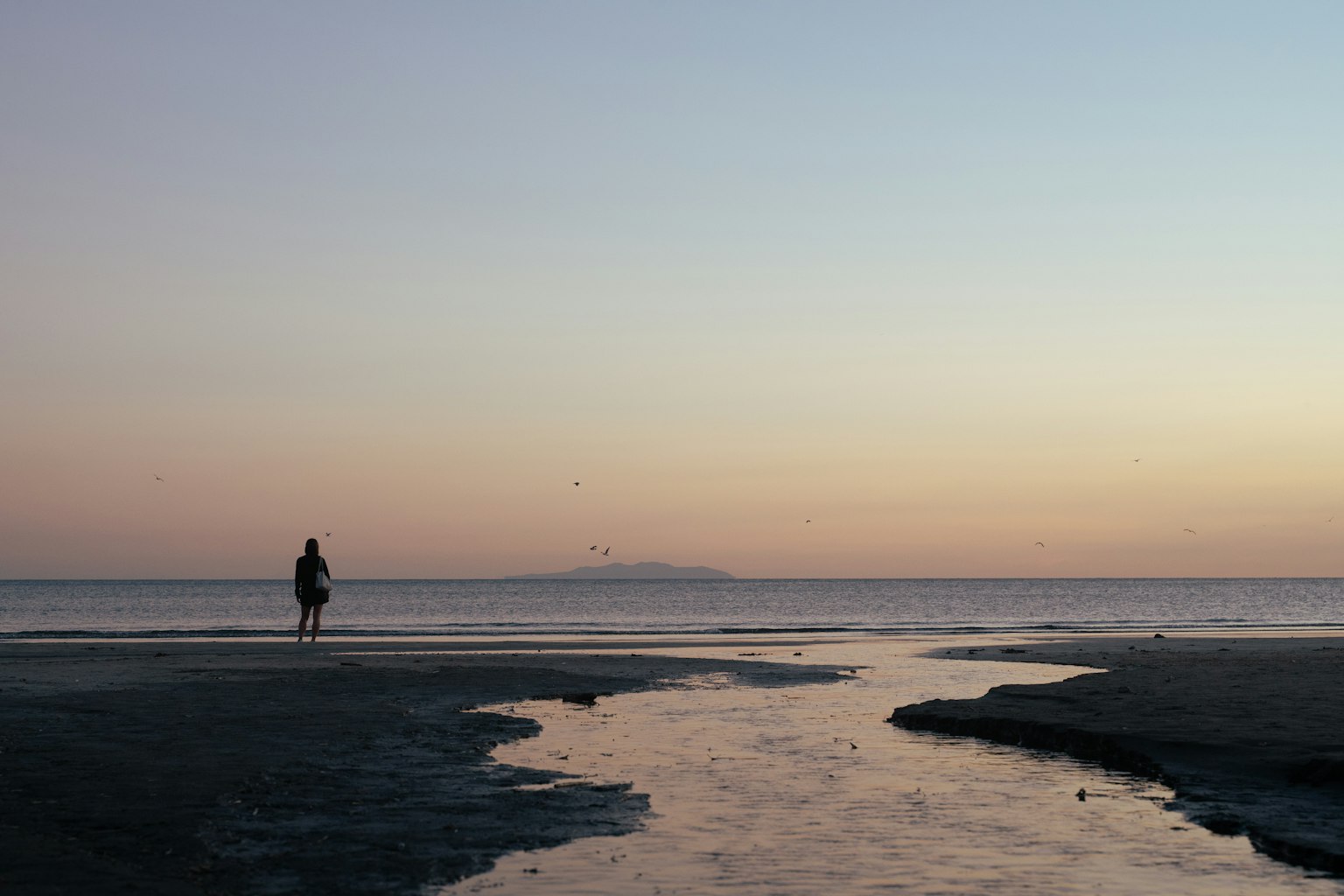 夕暮れの海岸で立つ人物と穏やかな水流