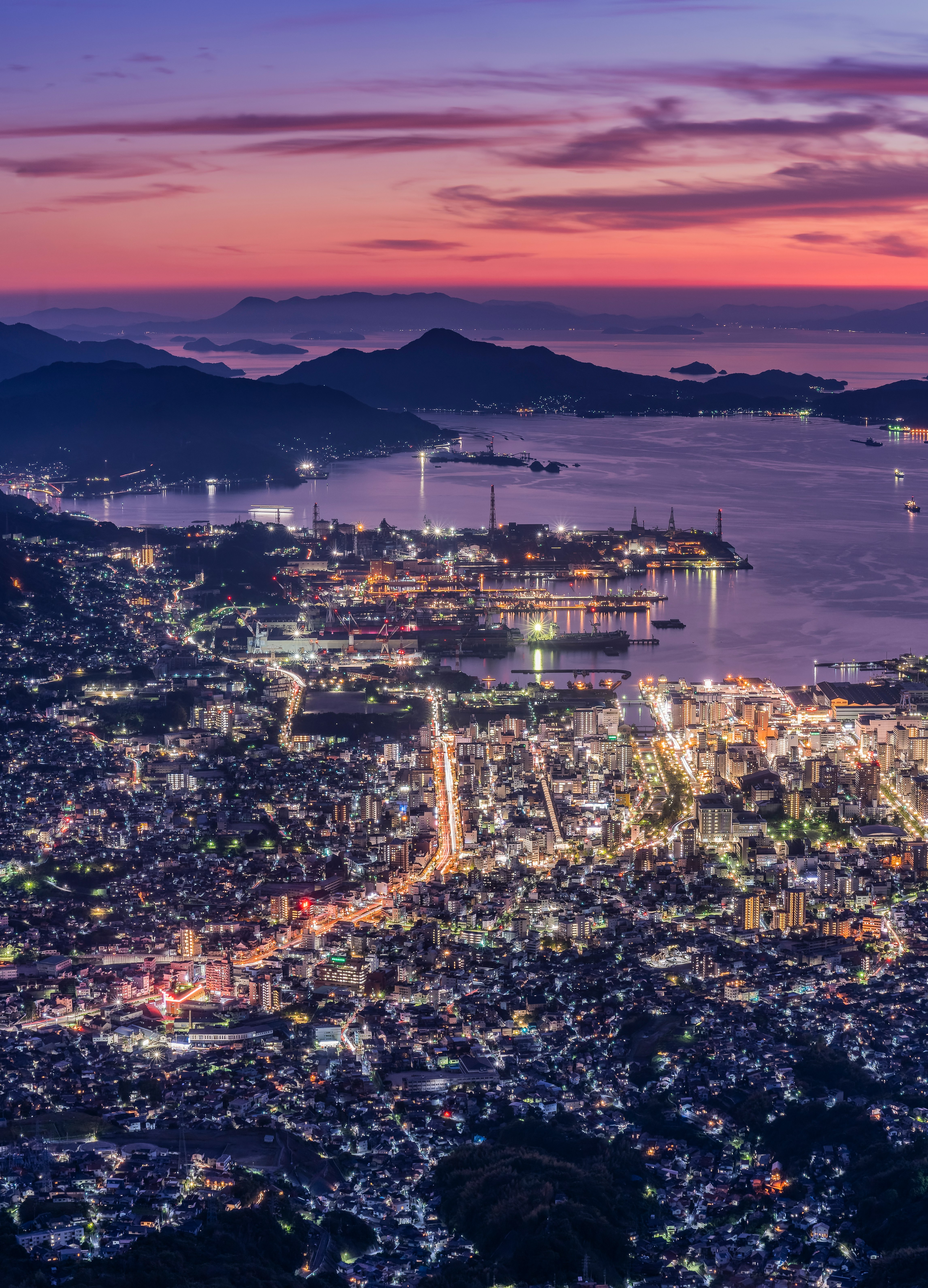 夜景の港と街並みが広がる山あいの眺望
