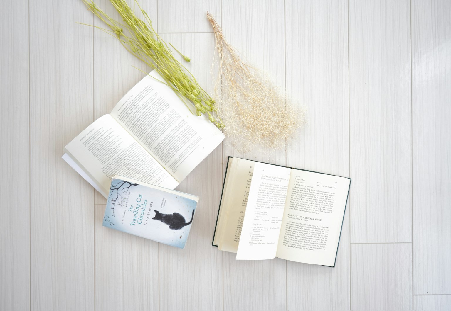 Open books and decorative plants on a white floor