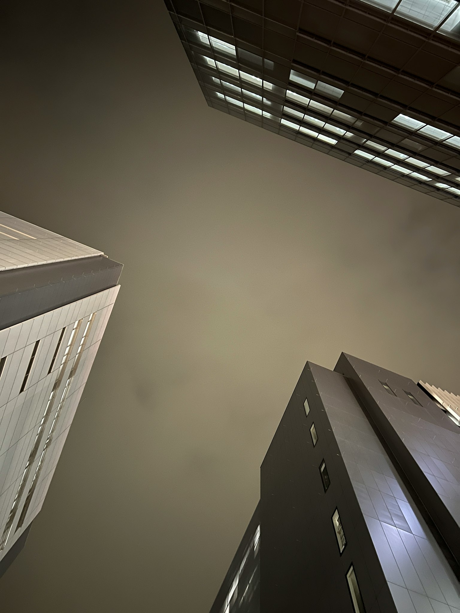 Foto che guarda verso il cielo notturno tra i palazzi Finestre luminose in contrasto con strutture scure