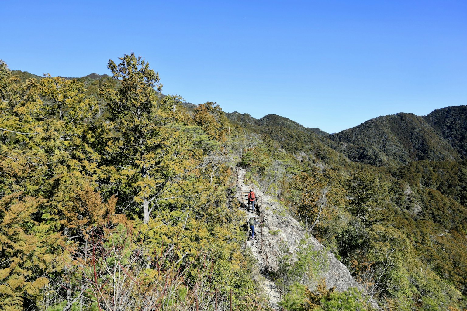 在绿色山脉和晴朗蓝天之间穿越岩石地形的登山者