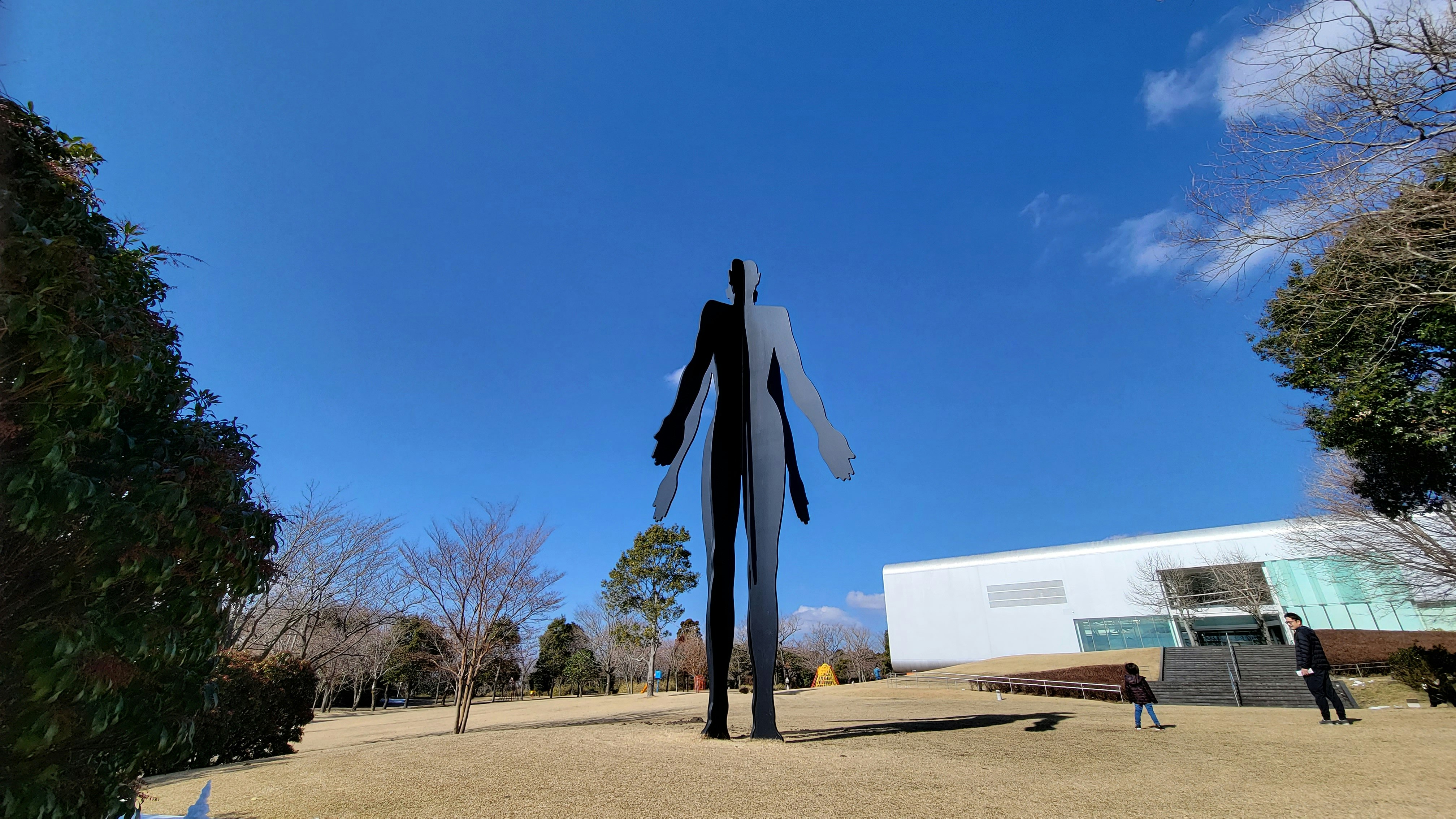 Outdoor sculpture in Kirishima Art no Mori under a blue sky