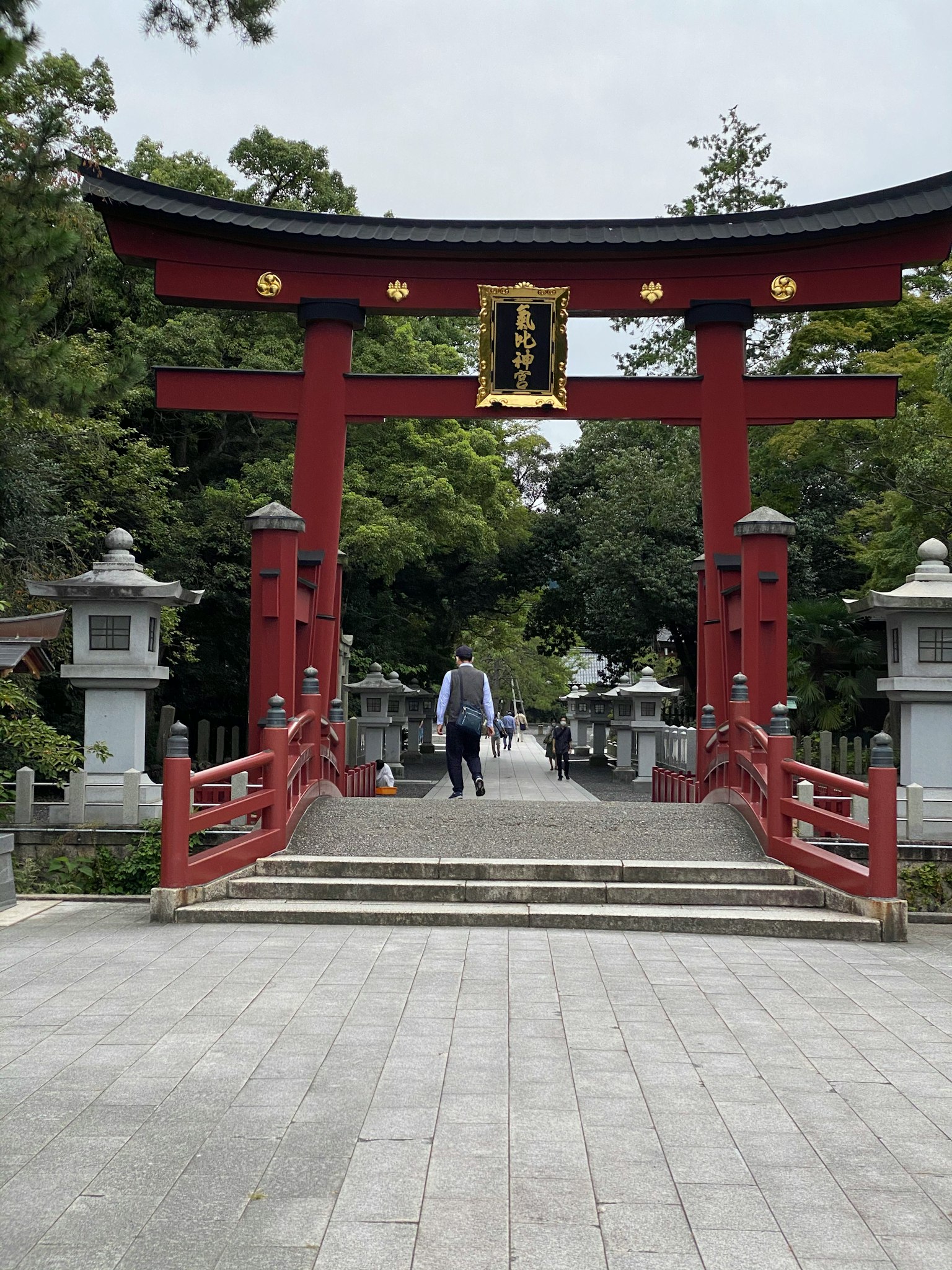 Un uomo che cammina attraverso un torii rosso che porta a un santuario con lanterne di pietra